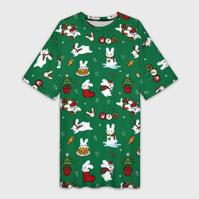 Платье-футболка 3D с принтом Новогодний паттерн с зайчиками в Белгороде,  |  | 2022 | christmas | new year | животные | зайчик | заяц | звери | зверюшки | кавай | милота | милый | нг | новогодний | новый год | паттерн | рождество