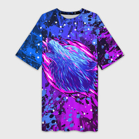Платье-футболка 3D с принтом НЕОНОВЫЙ ВОЛК  NEON WOLF в Белгороде,  |  | neon | wolf | вой | волк | волчонок | зверь | неон | хищник
