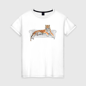 Женская футболка хлопок с принтом Тигр. Символ Нового 2022 года. в Белгороде, 100% хлопок | прямой крой, круглый вырез горловины, длина до линии бедер, слегка спущенное плечо | животные | звери | новый год | символ 2022 года | тигр | хищники