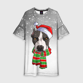 Детское платье 3D с принтом Новогодний Питбуль   New Years Pit bull в Белгороде, 100% полиэстер | прямой силуэт, чуть расширенный к низу. Круглая горловина, на рукавах — воланы | christmas | dog | pit bull | santa | дед мороз | зима | новый год | питбуль | рождество | санта | снег | снежинка | собака | собачка | щенок