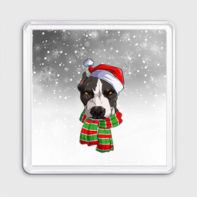 Магнит 55*55 с принтом Новогодний Питбуль   New Years Pit bull в Белгороде, Пластик | Размер: 65*65 мм; Размер печати: 55*55 мм | Тематика изображения на принте: christmas | dog | pit bull | santa | дед мороз | зима | новый год | питбуль | рождество | санта | снег | снежинка | собака | собачка | щенок
