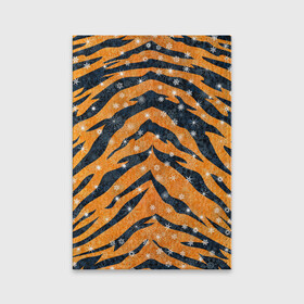 Обложка для паспорта матовая кожа с принтом Новогодняя шкура тигра в Белгороде, натуральная матовая кожа | размер 19,3 х 13,7 см; прозрачные пластиковые крепления | 2022 | новый год | оранжевый | полосатый | полоски | полосы | снег | снежинки | тгриный | тигр