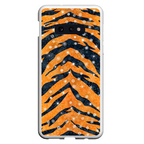 Чехол для Samsung S10E с принтом Новогодняя шкура тигра в Белгороде, Силикон | Область печати: задняя сторона чехла, без боковых панелей | 2022 | новый год | оранжевый | полосатый | полоски | полосы | снег | снежинки | тгриный | тигр