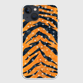 Чехол для iPhone 13 с принтом Новогодняя шкура тигра в Белгороде,  |  | 2022 | новый год | оранжевый | полосатый | полоски | полосы | снег | снежинки | тгриный | тигр