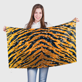 Флаг 3D с принтом Новогодняя шкура тигра в Белгороде, 100% полиэстер | плотность ткани — 95 г/м2, размер — 67 х 109 см. Принт наносится с одной стороны | 2022 | новый год | оранжевый | полосатый | полоски | полосы | снег | снежинки | тгриный | тигр