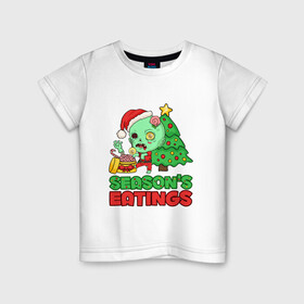 Детская футболка хлопок с принтом Christmas Zombie в Белгороде, 100% хлопок | круглый вырез горловины, полуприлегающий силуэт, длина до линии бедер | art | brains | christmas | gift | holiday | new year | tree | zombie | арт | елка | зомби | мозги | новый год | подарок | праздник | рождество