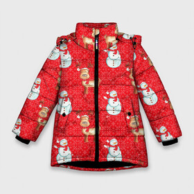 Зимняя куртка для девочек 3D с принтом Снеговики и олени в Белгороде, ткань верха — 100% полиэстер; подклад — 100% полиэстер, утеплитель — 100% полиэстер. | длина ниже бедра, удлиненная спинка, воротник стойка и отстегивающийся капюшон. Есть боковые карманы с листочкой на кнопках, утяжки по низу изделия и внутренний карман на молнии. 

Предусмотрены светоотражающий принт на спинке, радужный светоотражающий элемент на пуллере молнии и на резинке для утяжки. | 2022 | новогодний | новый год | олени | праздник | рождество | снеговик