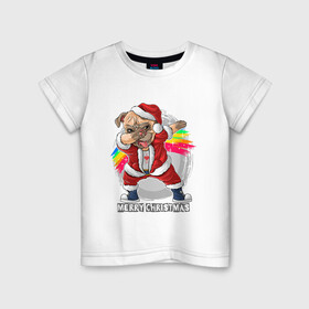Детская футболка хлопок с принтом Christmas Pug в Белгороде, 100% хлопок | круглый вырез горловины, полуприлегающий силуэт, длина до линии бедер | Тематика изображения на принте: christmas | dab | dog | holiday | new year | pug | rainbow | santa | даб | мопс | новый год | праздник | радуга | рождество | санта | собака