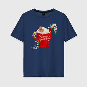 Женская футболка хлопок Oversize с принтом Рождественский пряник в Белгороде, 100% хлопок | свободный крой, круглый ворот, спущенный рукав, длина до линии бедер
 | гирлянда | еда | кофе | кружка | новый год | праздник | пряник | рождество