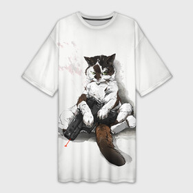 Платье-футболка 3D с принтом Котик с пистолетом на стене мем в Белгороде,  |  | cat | cats | mem | киса | кот | котенок | котик | котяра | котята | кошечка | кошка | мем | мемы | пистолет