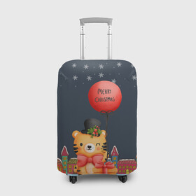 Чехол для чемодана 3D с принтом Новогодний тигренок с красным шариком в Белгороде, 86% полиэфир, 14% спандекс | двустороннее нанесение принта, прорези для ручек и колес | 2022 | год тигра | новый год | новый год 2022 | символ года | тигр | тигренок | тигрица | тигры