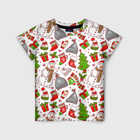 Детская футболка 3D с принтом Новый Год в Белгороде, 100% гипоаллергенный полиэфир | прямой крой, круглый вырез горловины, длина до линии бедер, чуть спущенное плечо, ткань немного тянется | background | christmas | gifts | holiday | new year | pictures | skates | snowman | socks | tree | елка | коньки | новый год | носки | подарки | праздник | рисунки | рождество | снеговик | фон