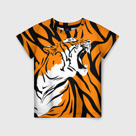 Детская футболка 3D с принтом Тигровый окрас в Белгороде, 100% гипоаллергенный полиэфир | прямой крой, круглый вырез горловины, длина до линии бедер, чуть спущенное плечо, ткань немного тянется | 2022 | aggressive | brindle color | fangs | in profile | new year | open mouth | predator | tiger | year of the tiger | агрессивный | в профиль | год тигра | клыки | новый год | открытая пасть | тигр | тигровый окрас | хищник