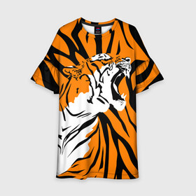 Детское платье 3D с принтом Тигровый окрас в Белгороде, 100% полиэстер | прямой силуэт, чуть расширенный к низу. Круглая горловина, на рукавах — воланы | 2022 | aggressive | brindle color | fangs | in profile | new year | open mouth | predator | tiger | year of the tiger | агрессивный | в профиль | год тигра | клыки | новый год | открытая пасть | тигр | тигровый окрас | хищник