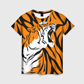 Женская футболка 3D с принтом Тигровый окрас в Белгороде, 100% полиэфир ( синтетическое хлопкоподобное полотно) | прямой крой, круглый вырез горловины, длина до линии бедер | 2022 | aggressive | brindle color | fangs | in profile | new year | open mouth | predator | tiger | year of the tiger | агрессивный | в профиль | год тигра | клыки | новый год | открытая пасть | тигр | тигровый окрас | хищник