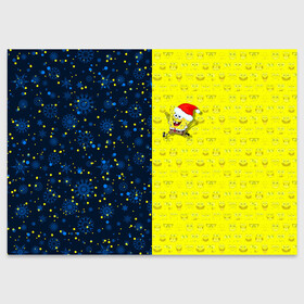 Поздравительная открытка с принтом Новогодний Губка Боб в Белгороде, 100% бумага | плотность бумаги 280 г/м2, матовая, на обратной стороне линовка и место для марки
 | Тематика изображения на принте: christmas | santa | sponge bob | spongebob | губка боб | дед мороз | зима | квадратные штаны | мультфильм | новый год | рождество | санта | сквэр пэнтс | снег | снежинка | спанч боб