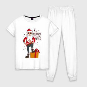 Женская пижама хлопок с принтом С НОВЫМ ГОДОМ, ДЕТКА в Белгороде, 100% хлопок | брюки и футболка прямого кроя, без карманов, на брюках мягкая резинка на поясе и по низу штанин | art | christmas | drawing | funny | gift | hipster | new year | rocker | santa claus | tough grandfather | арт | дед мороз | крутой дед | новый год | подарок | прикол | рисунок | рождество | рокер | санта клаус | хипстер