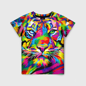 Детская футболка 3D с принтом Тигр в стиле поп арт в Белгороде, 100% гипоаллергенный полиэфир | прямой крой, круглый вырез горловины, длина до линии бедер, чуть спущенное плечо, ткань немного тянется | 2022 | art | beast | mosaic | multicolored head | new year | pop art | predator | rainbow | tiger | year of the tiger | год тигра | зверь | искусство | мозаика | новый год | радужный | разноцветная голова | тигр | хищник