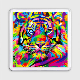 Магнит 55*55 с принтом Тигр в стиле поп арт в Белгороде, Пластик | Размер: 65*65 мм; Размер печати: 55*55 мм | Тематика изображения на принте: 2022 | art | beast | mosaic | multicolored head | new year | pop art | predator | rainbow | tiger | year of the tiger | год тигра | зверь | искусство | мозаика | новый год | радужный | разноцветная голова | тигр | хищник
