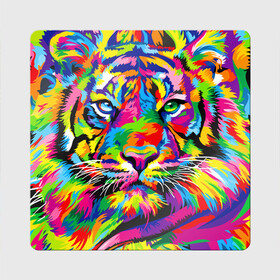 Магнит виниловый Квадрат с принтом Тигр в стиле поп арт в Белгороде, полимерный материал с магнитным слоем | размер 9*9 см, закругленные углы | 2022 | art | beast | mosaic | multicolored head | new year | pop art | predator | rainbow | tiger | year of the tiger | год тигра | зверь | искусство | мозаика | новый год | радужный | разноцветная голова | тигр | хищник