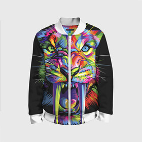Детский бомбер 3D с принтом Саблезубый тигр в стиле поп арт в Белгороде, 100% полиэстер | застегивается на молнию, по бокам два кармана без застежек, мягкие манжеты, по низу бомбера и на воротнике — эластичная резинка | 2022 | art | beast | colorful head | mosaic | new year | pop art | predator | rainbow | sabertoothed tiger | year of the tiger | большие клыки | год тигра | зверь | искусство | мозаика | новый год | радужный | разноцветная голова | саблезубый тиг