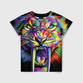 Детская футболка 3D с принтом Саблезубый тигр в стиле поп арт в Белгороде, 100% гипоаллергенный полиэфир | прямой крой, круглый вырез горловины, длина до линии бедер, чуть спущенное плечо, ткань немного тянется | 2022 | art | beast | colorful head | mosaic | new year | pop art | predator | rainbow | sabertoothed tiger | year of the tiger | большие клыки | год тигра | зверь | искусство | мозаика | новый год | радужный | разноцветная голова | саблезубый тиг