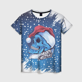 Женская футболка 3D с принтом Merry Christmas | Счастливого Рождества | Skull в Белгороде, 100% полиэфир ( синтетическое хлопкоподобное полотно) | прямой крой, круглый вырез горловины, длина до линии бедер | 2022 | christmas | cold | klaus | merry | new | santa | skull | snow | winter | year | год | дед | зима | клаус | мороз | новый | рождество | санта | скелет | снег | холод | череп