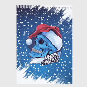 Скетчбук с принтом Merry Christmas | Счастливого Рождества | Skull в Белгороде, 100% бумага
 | 48 листов, плотность листов — 100 г/м2, плотность картонной обложки — 250 г/м2. Листы скреплены сверху удобной пружинной спиралью | 2022 | christmas | cold | klaus | merry | new | santa | skull | snow | winter | year | год | дед | зима | клаус | мороз | новый | рождество | санта | скелет | снег | холод | череп