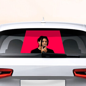 Наклейка на авто - для заднего стекла с принтом Thinking Denzel в Белгороде, ПВХ | Точные размеры наклейки зависят от выбранного изображения (ширина не больше 75 мм, высота не больше 45 мм) | denzel curry | hip hop | rap | rep | дензел карри | исполнители | исполнитель | музыка | реп