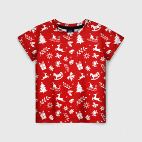 Детская футболка 3D с принтом НОВОГОДНИЙ УЗОР КРАСНО БЕЛЫЙ в Белгороде, 100% гипоаллергенный полиэфир | прямой крой, круглый вырез горловины, длина до линии бедер, чуть спущенное плечо, ткань немного тянется | 2022 | beast | merry christmas | new year | red bow | santa hat | snow | tiger | winter | winter is coming | year of the tiger | год тигра | дед мороз | животные | звери | зверь | зима | зима 2022 | зима близко | новогодний свитер | новогодний у