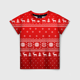 Детская футболка 3D с принтом КРАСНЫЙ СВИТЕР С ОЛЕНЯМИ 2022   НОВЫЙ ГОД в Белгороде, 100% гипоаллергенный полиэфир | прямой крой, круглый вырез горловины, длина до линии бедер, чуть спущенное плечо, ткань немного тянется | 2022 | beast | merry christmas | new year | red bow | santa hat | snow | tiger | winter | winter is coming | year of the tiger | год тигра | дед мороз | животные | звери | зверь | зима | зима 2022 | зима близко | новогодний свитер | новогодний у