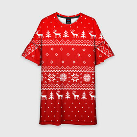Детское платье 3D с принтом КРАСНЫЙ СВИТЕР С ОЛЕНЯМИ 2022   НОВЫЙ ГОД в Белгороде, 100% полиэстер | прямой силуэт, чуть расширенный к низу. Круглая горловина, на рукавах — воланы | Тематика изображения на принте: 2022 | beast | merry christmas | new year | red bow | santa hat | snow | tiger | winter | winter is coming | year of the tiger | год тигра | дед мороз | животные | звери | зверь | зима | зима 2022 | зима близко | новогодний свитер | новогодний у