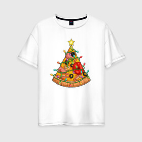Женская футболка хлопок Oversize с принтом Новогодняя Пицца Елка в Белгороде, 100% хлопок | свободный крой, круглый ворот, спущенный рукав, длина до линии бедер
 | christmas | pizza | гирлянда | елка | ель | звезда | новый год | пицца | рождество