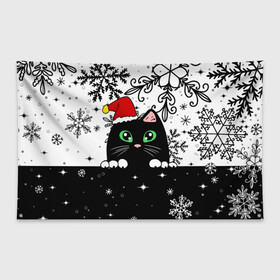 Флаг-баннер с принтом Новогодний кот в колпаке Санты в Белгороде, 100% полиэстер | размер 67 х 109 см, плотность ткани — 95 г/м2; по краям флага есть четыре люверса для крепления | black cat | cat | christmas | kitten | kitty | merry christmas | new year | new year cat | santa | snow | snowflakes | winter | зима | киска | колпак | кот | котенок | кошак | новогодний кот | новый год | подарок | рождество | санта | снег 