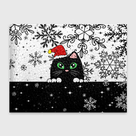 Обложка для студенческого билета с принтом Новогодний кот в колпаке Санты в Белгороде, натуральная кожа | Размер: 11*8 см; Печать на всей внешней стороне | Тематика изображения на принте: black cat | cat | christmas | kitten | kitty | merry christmas | new year | new year cat | santa | snow | snowflakes | winter | зима | киска | колпак | кот | котенок | кошак | новогодний кот | новый год | подарок | рождество | санта | снег 