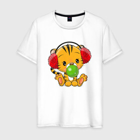 Мужская футболка хлопок с принтом Тигренок в наушниках надувает жвачный пузырь в Белгороде, 100% хлопок | прямой крой, круглый вырез горловины, длина до линии бедер, слегка спущенное плечо. | 2022 | год тигра | новый год | новый год 2022 | символ года | тигр | тигренок | тигрица | тигры