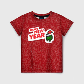 Детская футболка 3D с принтом Новогодний Among Us. в Белгороде, 100% гипоаллергенный полиэфир | прямой крой, круглый вырез горловины, длина до линии бедер, чуть спущенное плечо, ткань немного тянется | игра | контур | надпись | паттерн | персонаж