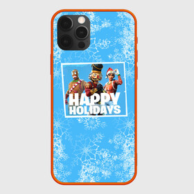 Чехол для iPhone 12 Pro с принтом Happy holidays Fortnite в Белгороде, силикон | область печати: задняя сторона чехла, без боковых панелей | Тематика изображения на принте: игра | персонажи | снег | снежинки | фото