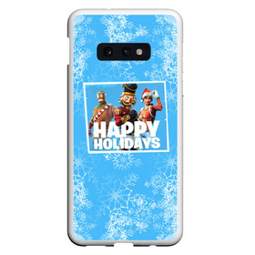 Чехол для Samsung S10E с принтом Happy holidays Fortnite в Белгороде, Силикон | Область печати: задняя сторона чехла, без боковых панелей | Тематика изображения на принте: игра | персонажи | снег | снежинки | фото