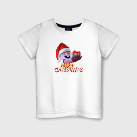 Детская футболка хлопок с принтом Merry christmas Brawl Stars. в Белгороде, 100% хлопок | круглый вырез горловины, полуприлегающий силуэт, длина до линии бедер | дед | коробка | надпись | персонаж | подарок | шапка