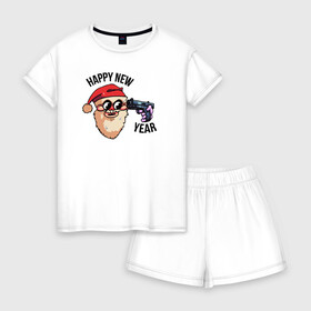 Женская пижама с шортиками хлопок с принтом Санта FNF в Белгороде, 100% хлопок | футболка прямого кроя, шорты свободные с широкой мягкой резинкой | голова | надпись | пистолет | санта | шапка