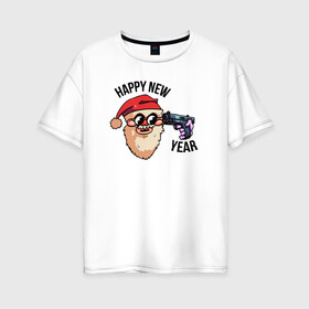 Женская футболка хлопок Oversize с принтом Санта FNF в Белгороде, 100% хлопок | свободный крой, круглый ворот, спущенный рукав, длина до линии бедер
 | голова | надпись | пистолет | санта | шапка