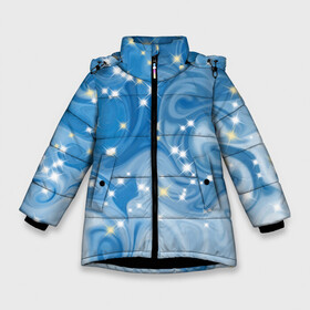 Зимняя куртка для девочек 3D с принтом Голубая метелица в Белгороде, ткань верха — 100% полиэстер; подклад — 100% полиэстер, утеплитель — 100% полиэстер. | длина ниже бедра, удлиненная спинка, воротник стойка и отстегивающийся капюшон. Есть боковые карманы с листочкой на кнопках, утяжки по низу изделия и внутренний карман на молнии. 

Предусмотрены светоотражающий принт на спинке, радужный светоотражающий элемент на пуллере молнии и на резинке для утяжки. | blizzard | snow | winter | абстракция | белый | блестки | блестящий | времена года | зима | зимний | метелица | метель | мороз | новогодний | новый год | погода | праздничный | пурга | синий | снег | снежинки