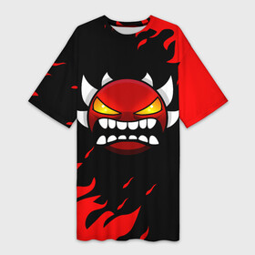 Платье-футболка 3D с принтом GEOMETRY DASH DEMON RED FIRE в Белгороде,  |  | 2d | arcade | demon | fire | flame | game | geometry dash | meltdown | red fire | robtop | smile | аркада | геометрический тире | демон | красный огонь | огонь | раннер | смайлы | эмоции