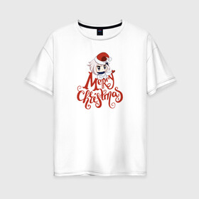 Женская футболка хлопок Oversize с принтом Новогодний Genshin в Белгороде, 100% хлопок | свободный крой, круглый ворот, спущенный рукав, длина до линии бедер
 | аниме | голова | девочка | надпись | шапка