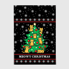 Постер с принтом MEOWY CHRISTMAS | 2022 в Белгороде, 100% бумага
 | бумага, плотность 150 мг. Матовая, но за счет высокого коэффициента гладкости имеет небольшой блеск и дает на свету блики, но в отличии от глянцевой бумаги не покрыта лаком | 2020 | 2021 | 2022 | christmas | meow | meowy christmas | merry | кот | леденец | мяу | нг | новогодний | новый год | олени | рождество | свитер | узоры