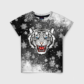 Детская футболка 3D с принтом НОВОГОДНИЙ БЕЛЫЙ ТИГР 2022 в Белгороде, 100% гипоаллергенный полиэфир | прямой крой, круглый вырез горловины, длина до линии бедер, чуть спущенное плечо, ткань немного тянется | 2022 | beast | merry christmas | new year | red bow | santa hat | snow | tiger | winter | winter is coming | year of the tiger | год тигра | дед мороз | животные | звери | зверь | зима | зима 2022 | зима близко | новог | новогодни