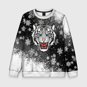 Детский свитшот 3D с принтом НОВОГОДНИЙ БЕЛЫЙ ТИГР 2022 в Белгороде, 100% полиэстер | свободная посадка, прямой крой, мягкая тканевая резинка на рукавах и понизу свитшота | 2022 | beast | merry christmas | new year | red bow | santa hat | snow | tiger | winter | winter is coming | year of the tiger | год тигра | дед мороз | животные | звери | зверь | зима | зима 2022 | зима близко | новог | новогодни