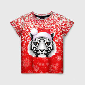 Детская футболка 3D с принтом НОВОГОДНИЙ ТИГР 2022   ЕШПУК 2022 в Белгороде, 100% гипоаллергенный полиэфир | прямой крой, круглый вырез горловины, длина до линии бедер, чуть спущенное плечо, ткань немного тянется | 2022 | beast | merry christmas | new year | red bow | santa hat | snow | tiger | winter | winter is coming | year of the tiger | год тигра | дед мороз | животные | звери | зверь | зима | зима 2022 | зима близко | новог | новогодни
