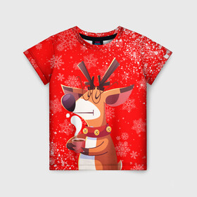 Детская футболка 3D с принтом НОВОГОДНИЙ ОЛЕНЬ И ЧАШКА КОФЕ в Белгороде, 100% гипоаллергенный полиэфир | прямой крой, круглый вырез горловины, длина до линии бедер, чуть спущенное плечо, ткань немного тянется | 2022 | beast | merry christmas | new year | red bow | santa hat | snow | tiger | winter | winter is coming | year of the tiger | год тигра | дед мороз | животные | звери | зверь | зима | зима 2022 | зима близко | новог | новогодни